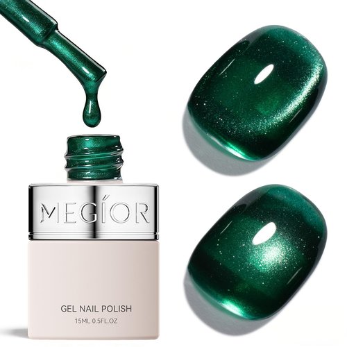 MEGIOR 15 ML Green Cat Eye Gel Nail Polish Dark Green Glitter Holographic Magnetic Gel Polish Soak Off UV/LED Nail Art Salon Manicure DIY at Home for Girls Women