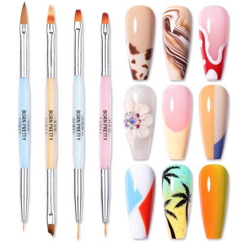 BORN PRETTY Double-Ended Nail Art Brushes,4Pcs Nail Art Tool Set,Nail Art Gel Polish Liner Brushes Design Pen For Nail Drawing And Nail Paint Brushes for Home Salon