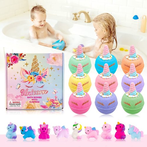 Skin-Safe Unicorn Bath Bombs for Kids with Surprise Squishy Toys Inside, 9 Extra Large Bath Salts with Calming and Long Lasting Scent, Natural Bubble Bath Bombs for Girls Sensitive Skin