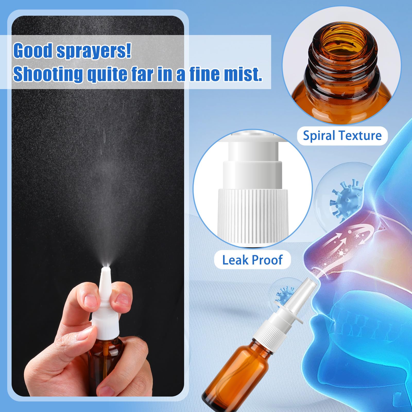 ZHWKMYP 10 Pcs Nasal Spray Bottle, 20ML/0.7OZ 6 Pcs Fine Mist Glass Empty Refillable Nasal Spray Bottle with 2 Funnels and 2 Labels