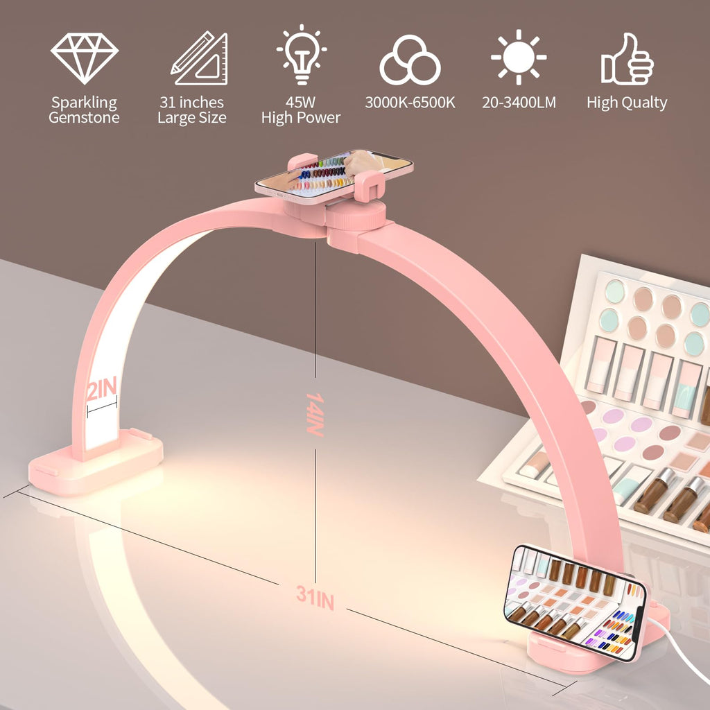 WurodBiza Upgrade 31" Wide-Body Large Half Moon Light for Nail Desk with Phone Holder, Foldable Arch Light for Nail Techs Perfect for Professional Manicure (Large Pink)