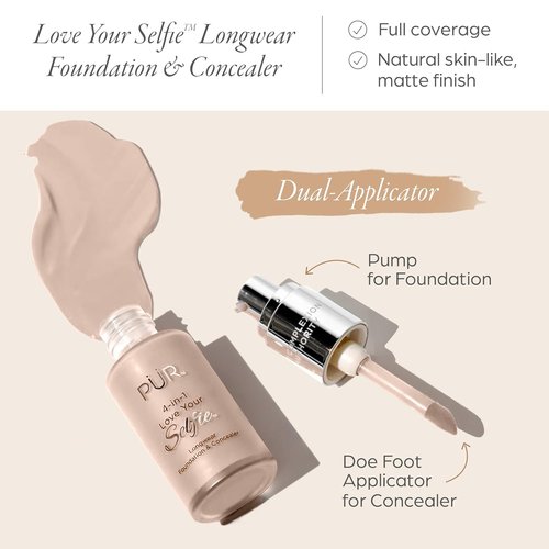 PÜR MINERALS 4-in-1 Love Your Selfie Foundation - Longwear Full Coverage Liquid Makeup for Natural Glow