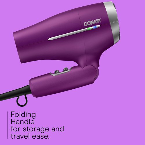 Conair Folding Handle Hair Dryer - 1875W Travel Blow Dryer with Ionic Conditioning & Smart Voltage | Purple