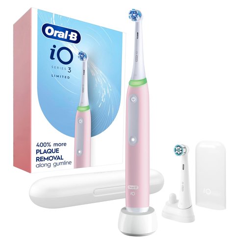 Oral-B iO3 Rechargeable Electric Toothbrush - Deep Clean with 3 Modes & Visual Pressure Sensor | Azalea Pink, 2 Brush Heads & Travel Case