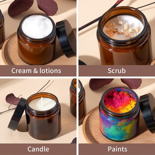 4oz Amber Glass Jars with Lids - 2 Pack Leakproof Glass Containers for Cosmetics, Creams, Lotions, or Candles, Includes Label Stickers