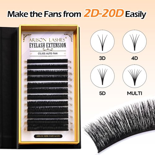 Arison Lashes 3D Easy Fan Lashes 0.03丨0.05丨0.07丨0.10 Thicknesses B丨J丨C丨CC丨D丨DD丨M丨L Curl Eyelash Extension Volume 1 Second Blooming Flower Fake Lash(3D Easy Fan 0.07-D-8-15mix)