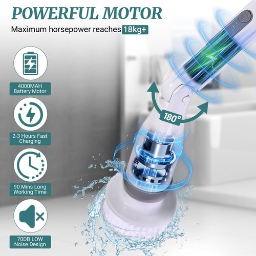 STARRY DREAM Electric Spin Scrubber, IPX7 Waterproof Shower Cleaning Brush with 8 Replaceable Brush Heads, Extendable Long Handle and 2 Adjustable Speeds Tools White