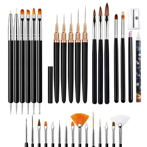 LIGHT RAIN 34Pcs Nail Art Brush Set - Complete Kit with Dotting Tool, Liner Brushes, Acrylic Brushes, Ombre Brush, Cuticle Tool, Rhinestone Picker Pencil for Beginner to Pro Nail Design