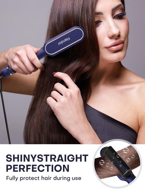 Handor Advanced Negative Ionic Hair Straightener Brush with 9 Temp Settings & Anti-Scald LED Display, 20s Fast Heating 250°F to 410°F, Effortless Styling for Silky Smooth, Frizz-Free Hair, Blue