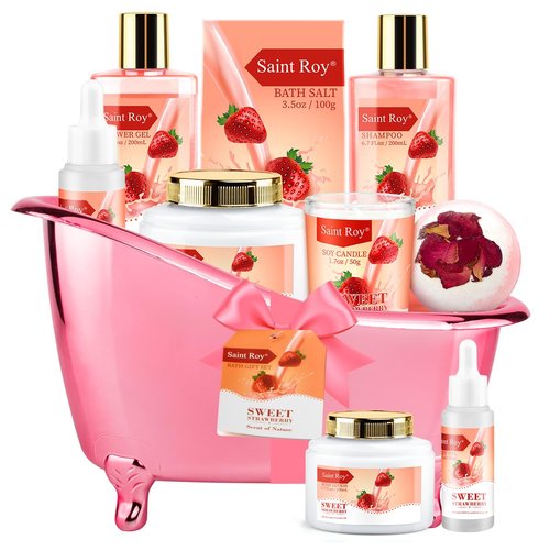 Spa Kit for Women, Bath & Body Gift Set, Luxury Home Spa Bath Gift Basket, Strawberry Scented Bath Set Christmas Gifts for Women, Pamper Gifts for Girls & Teens, Birthday Gift, Bath Self Care Gift