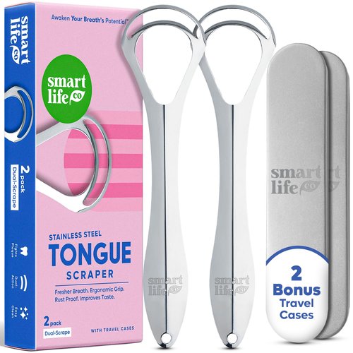**Tongue Scraper for Adults - Dual Head Stainless Steel Cleaner with Travel Case | Bad Breath Treatment | Essential Oral Care Kit, 2-Pack**