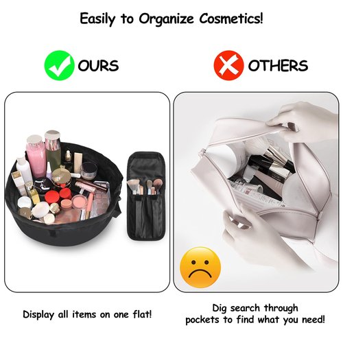 SUMBABO Drawstring Makeup Bag Open Flat – Barrel Drawstring Cosmetic Bag for Women Toiletry Bag for Travel with Brush Bag (Black)