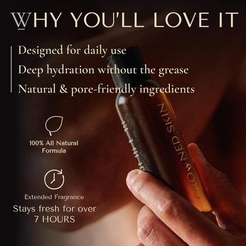 Crowned Skin Prince Body Oil Cologne for Men | Oceanic & Woody | New Moisturizing Formula Scented with White Musk & Bergamot | Infused with Natural Jojoba & Grapeseed Oil | All-Day Fragrance | 4oz