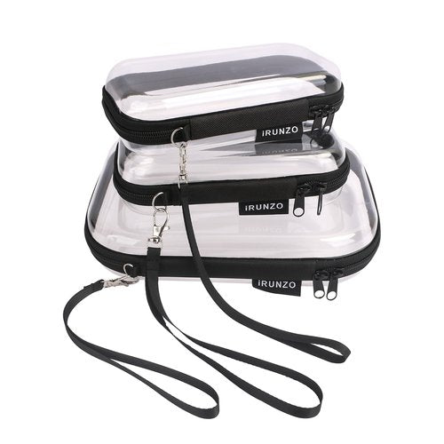 iRUNZO 3 PCS Clear Hard Shell Zipper Case With Handle Strap，Clear Plastic Waterproof Cosmetic Makeup Bags Toiletry Pouches for Travel With Double Zipper，Kid's Toy Storage Organizer Bins Box