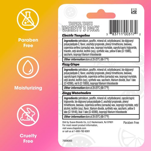 ChapStick Lip Care, Tropical Treats Collection (36 Sticks) – Electric Tangerine, Fizzy Grape & Zingy Watermelon, Bulk Lip Balm, 0.15 Oz Ea