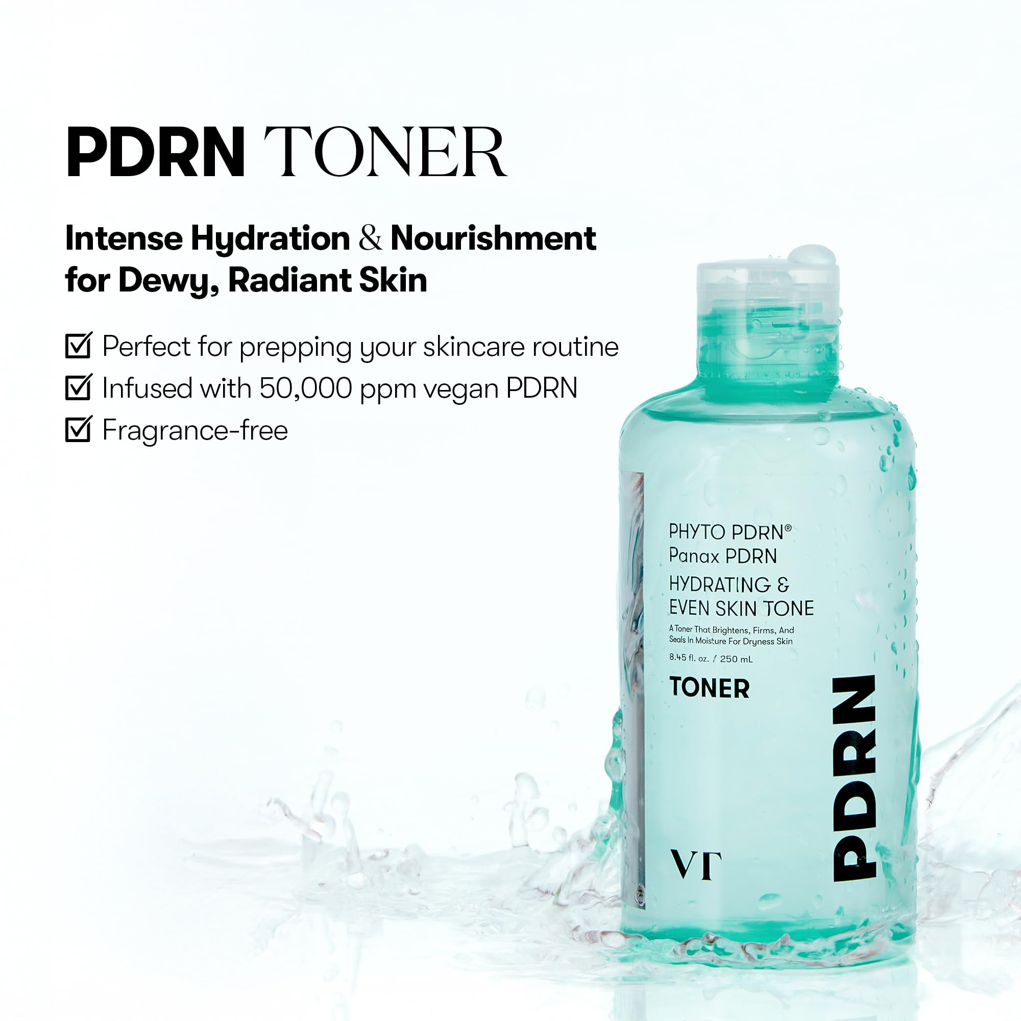 VT COSMETICS PDRN Toner, Hydrating Facial Toner with 50,000ppm Vegan PDRN, Korean Wild Ginseng, Niacinamide & Panthenol, Lightweight, Fragrance-Free, Skin Soothing, Korean Skincare (8.45 fl. oz.)