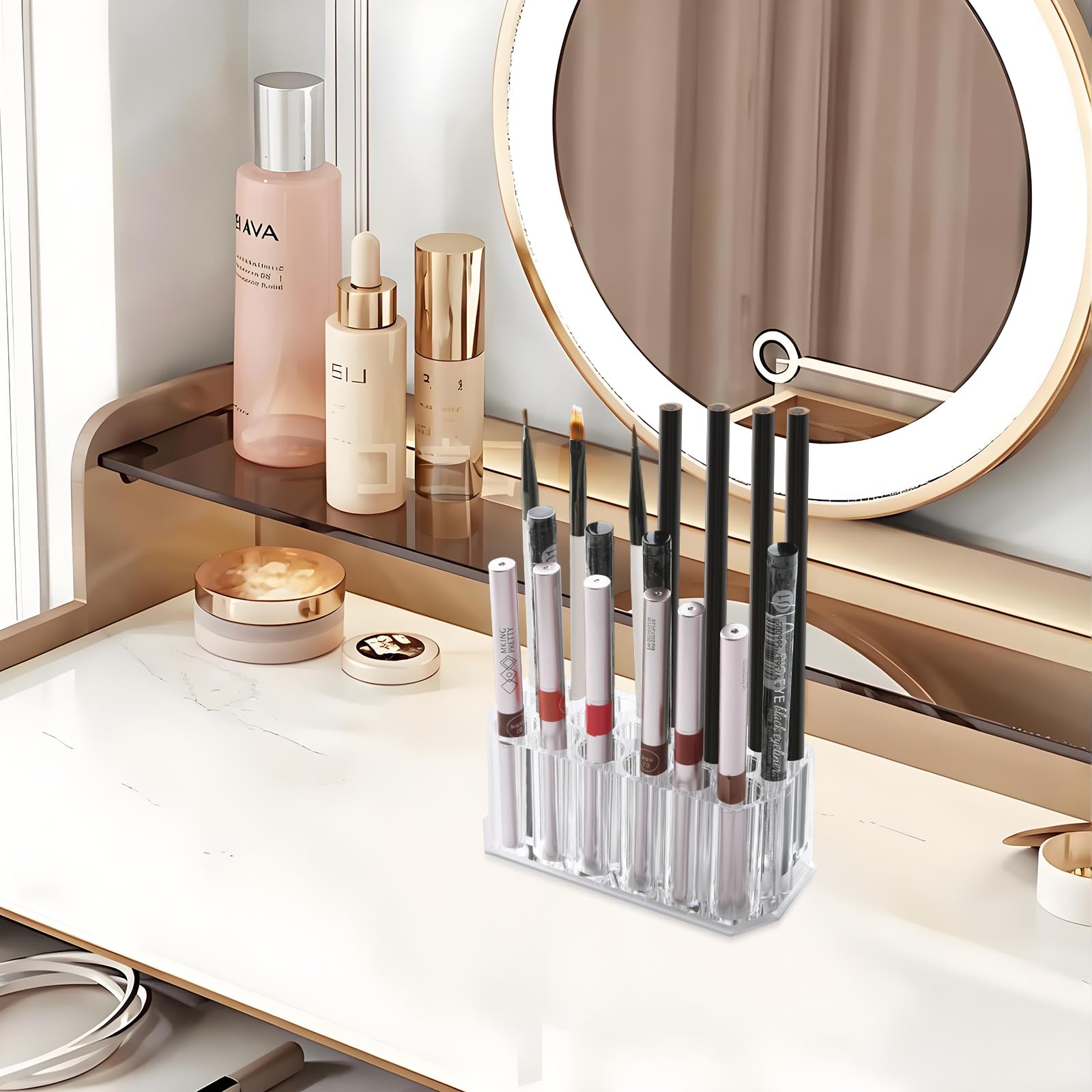 Wiojtry Acrylic Lip Liner Organizer & Eyeliner Organizer, 24 Standard Cosmetic Pencil Makeup Brush Makeup Display Case Refillable Container