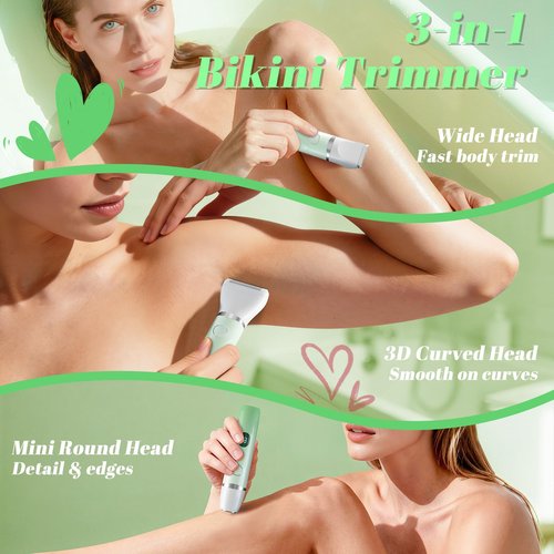 Fanovae 3-in-1 Bikini Trimmer for Women – Electric Razor for Women, Electric Body Hair Trimmer, IPX7 Waterproof, 120-Min Cordless, USB-C, Battery% Display – X3 Soft Mint Ombre