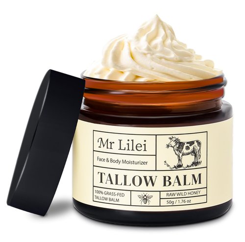 Lilei Beauty Beef Tallow for Skin - 100% Organic Grass-Fed Beef Tallow Balm with Raw Honey, Natural Whipped Face Moisturizer & Body Butter for Dry & Sensitive Skin, Non-Greasy (Unscented, 50g/1.76oz)