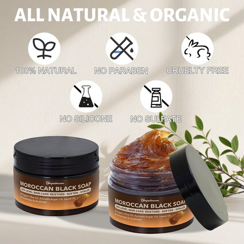 2 PCS Unrefined Moroccan Black Soap Handcrafted, Argan Oil Authetic Black Beldi Soap SPA Level Highly Moisturize, Purify and Soften Skin, with Laurel Oil for Face and Body, No Fragrance, 5.29 oz/150 g