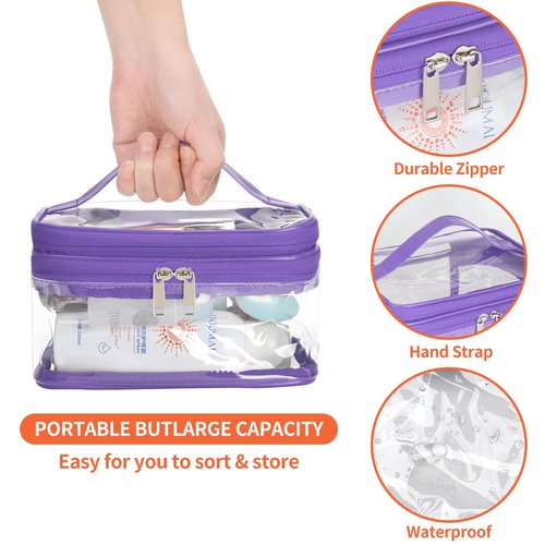 HAOGUAGUA Double Layer Clear Cosmetic Bag Makeup Bag, Waterproof Travel Toiletry Bag, Transparent PVC Pouch Organizer (Purple)