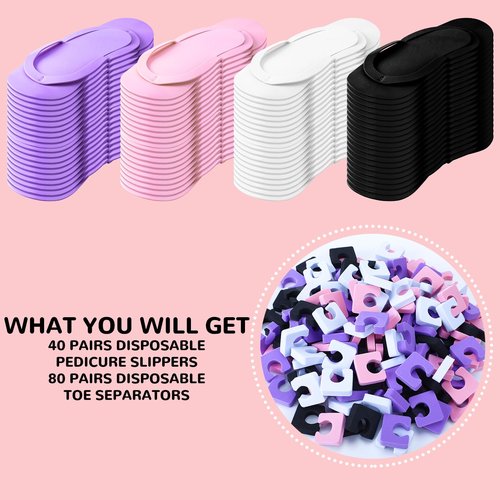 Suhine 120 Pairs Disposable Pedicure Slippers and Toe Separators Kit 40 Pairs Disposable Foam Flip Flops 80 Toe Separators for Women Nail Hotel Salon Spa Party(Black, Purple, White, Pink)