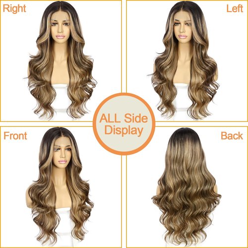 SAPPHIREWIGS Highlight Brown Lace Front Wig Long Wavy Ombre Brown Blonde 13x4 Synthetic Wear And Go Lace Front Wigs for Women Daily Party Use 26 Inches