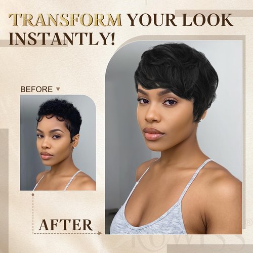 RUWISS Pixie Cut Human Hair Wig – Short Wigs for Black Women with Bangs, Natural Layered Wavy Wig, Glueless, 1B#