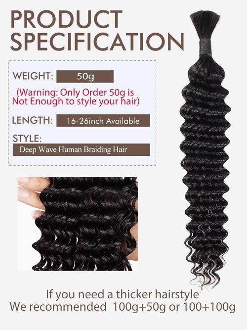Human Braiding Hair 1 Bundle 50g 24 Inch Deep Water Wave Bulk Human Hair for Braiding No Weft 12A Brazilian Virgin Curly Human Hair Extensions for Boho Braids Wet and Wavy Human Hair Braiding Hair