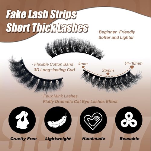 SISIYDY Fluffy Lashes Mink 3D Cat Eye Dramatic Thick Volume EyeLashes Wispy 16mm Full Lash Strips Faux Mink Eye Lashes C Curl Short Cat Eyelahses Pack YH302