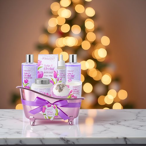 Spa Gift Basket, Mother's Day Gift for Mom - 8 Pcs Tulip scents Bath & Body Gift Set for Women, Spa Gift Kit, Birthday Gifts, Self Care, Pampering Gifts for Her, All Occasion Holiday Present