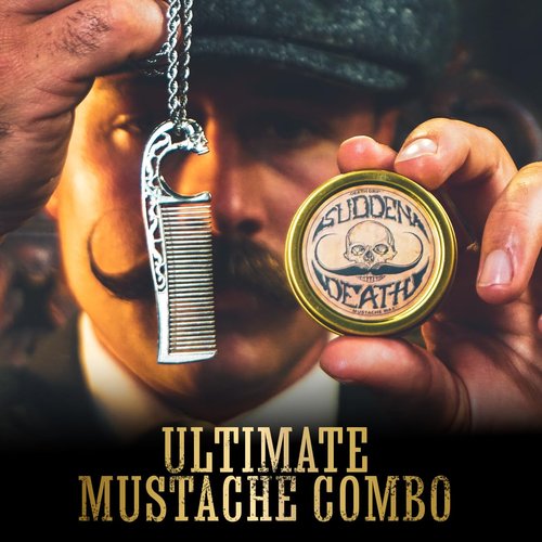 Mustache Wax Strong Hold Sudden Death 1 oz Tin & Necklace Death Grip Mustache Comb Mens Combo Kit - Grooming For Men Handlebar Moustache