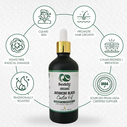 Seddy Organic Jamaican Black Castor Oil - Cold-Pressed Hair Growth Treatment with Rosemary & Peppermint | 3.4 fl oz