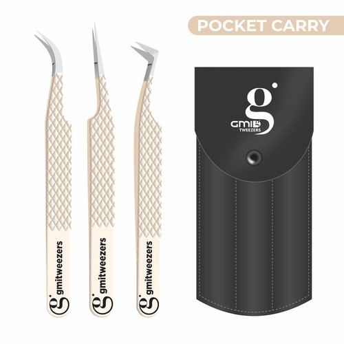 Fiber Tip Lash Tweezers- Pack of 3 Eyelash Extension Tweezers Professional- Lash Tweezers. (Light Nude)