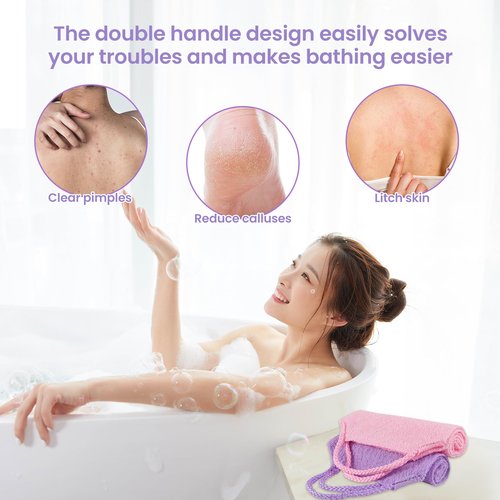 3 Pcs Double-Sided Back Exfoliator Body Scrub Towel, Exfoliating Back Scrubber with Handles,Exfoliating Washcloth Bath Tool in Shower, Stretchable Back Washer to Deep Cleans Skin (Beige,Pink,Purple)