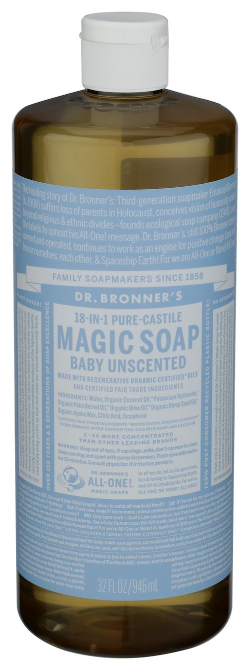 Dr. Bronner's - Pure-Castile Liquid Soap (Baby Unscented, 32 Ounce) - Made with Organic Oils, 18-in-1 Uses: Face, Hair, Laundry, Dishes, For Sensitive Skin, Babies, No Added Fragrance, Vegan, Non-GMO
