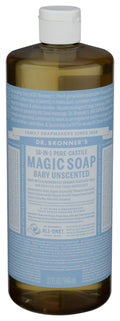 Dr. Bronner's - Pure-Castile Liquid Soap (Baby Unscented, 32 Ounce) - Made with Organic Oils, 18-in-1 Uses: Face, Hair, Laundry, Dishes, For Sensitive Skin, Babies, No Added Fragrance, Vegan, Non-GMO