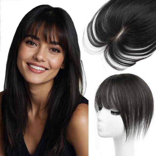 EonLuxe 10 Inch Real Human Hair Topper with Bangs for Women Covers Thinning Crown, Clip-In Hair Topper for Thinning Hair (Natural Black)