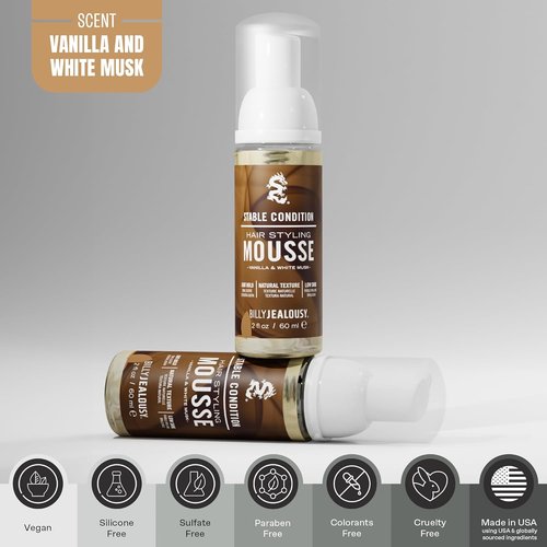 Billy Jealousy Hair Styling Mousse for Men - Light Hold, Frizz Control & Hydration | Travel Size, Vegan, Vanilla White Musk