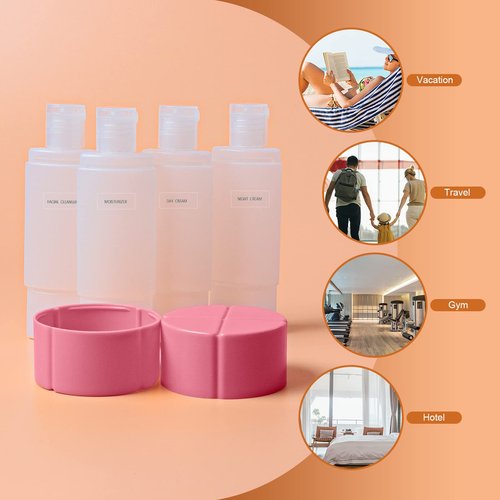 Olatay 4-in-1 Leak-Proof Travel Bottle ,4x60ml/2oz,with 2 Pre-printed Labels for Travel,Gym,Camping, Carry-On Toiletries Shampoo Lotion Bottle (Pink+Blue+Purple+Orange)