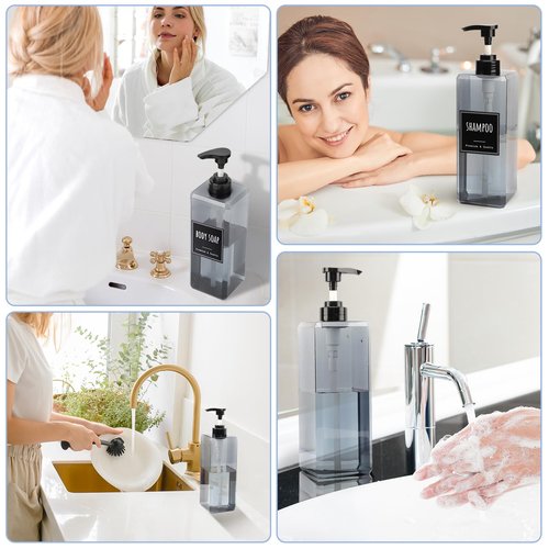 Segbeauty 33.8oz Shampoo and Conditioner Dispenser with Labels, 4pcs Refillable Plastic Empty Body Lotion Soap Dispenser Hand Liquid Container for Bathroom, 1000ml Gray Large Pump Bottle for Kitchen
