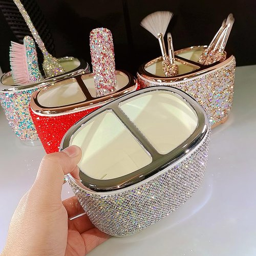 Bestbling Luxury Bling Rhinestone-Embellished Makeup Organizer Box Storage – Large Capacity Cosmetic Brush Lipstick Eyebrow Pencil Storage Box and Desktop Organizer Rack (Silver)