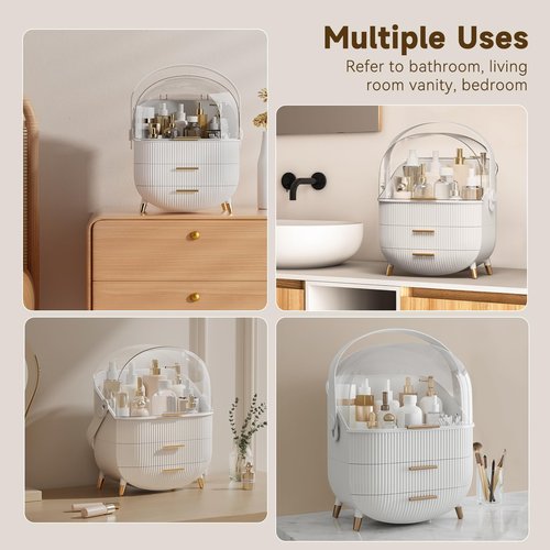 BTGGG Makeup Organizers, Make Up Organizer for Vanity, Countertop Cosmetic Storage with Drawers and Transparent Cover for Bedroom Bathroom, White