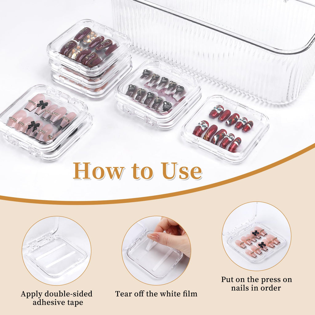 YINGJEE 15 Pcs Press On Nail Storage Box Container, Clear Press On Nail Packaging Box with 60 Pcs Adhesive Double Sided Tape, False Nail Organizer Case Nail Display Case for Nail Art Home Salon