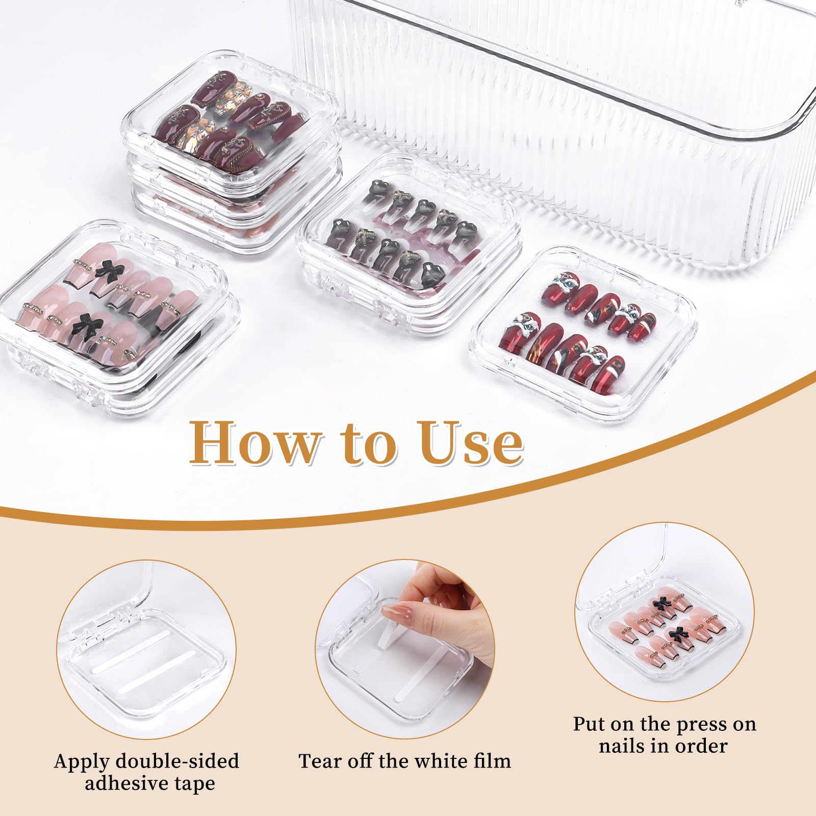 YINGJEE 15 Pcs Press On Nail Storage Box Container, Clear Press On Nail Packaging Box with 60 Pcs Adhesive Double Sided Tape, False Nail Organizer Case Nail Display Case for Nail Art Home Salon