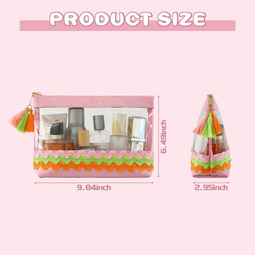 THOVSMOON Clear Makeup Bag for Travel, Rick Rack Trim, Tassel Zipper, TSA Approved Toiletries Accessories Organizer for Women (Pink)