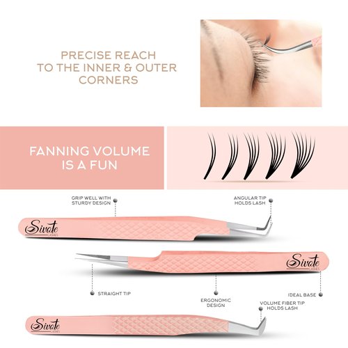 SIVOTE Lash Tweezers for Eyelash Extensions, Pack of 5 Peach – Lash Extension Tweezers Set with Diamond Grip, Precision Fiber Tip for Volume Eyelash Extensions