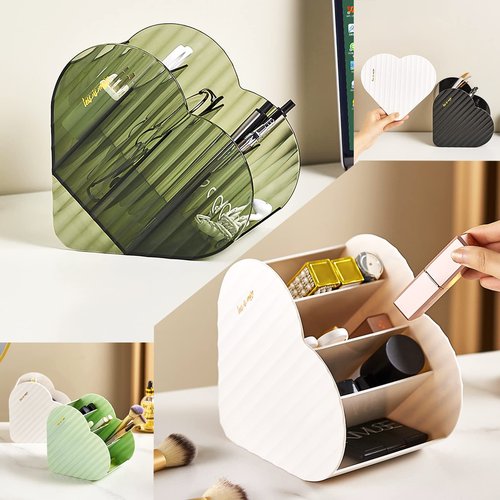DASITON Large Capacity Makeup Brush Holder Organizer,4 Slot Love Makeup Brushes Cup,Heart shaped Makeup Organizer,for Vanity,Bathroom,Desk Storage Container,Cosmetic Display cases(Clear Green)