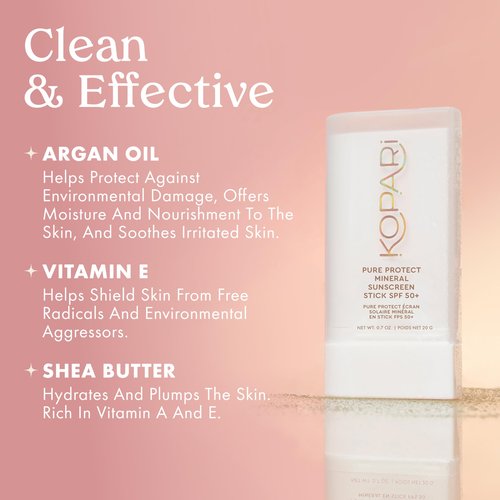 Kopari PURE PROTECT 100% Mineral Sunscreen Stick SPF 50+ Clear Zinc Oxide Face and Body Sunscreen with Hydrating Argan Oil, Shea Butter, Sheer Finish, Ultra-Portable, for Easy Reapplication