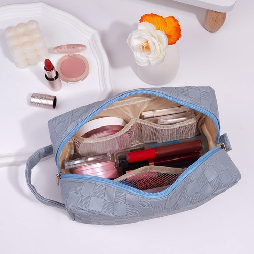 MAGEFY Makeup Bag, Checkered Travel Cosmetic Bag with Handle Leather Makeup Pouches for purse Make Up Bag Cute Makeup Bags for Women,Blue Haze
